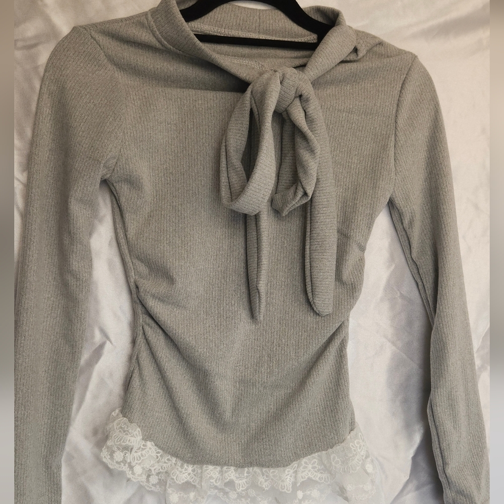 Gray Lace Trim Women Top